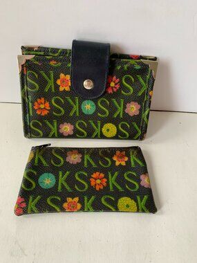 Vintage Ken Scott Leather Wallet – Colorful Floral Logo Print on Black | 2-in-1